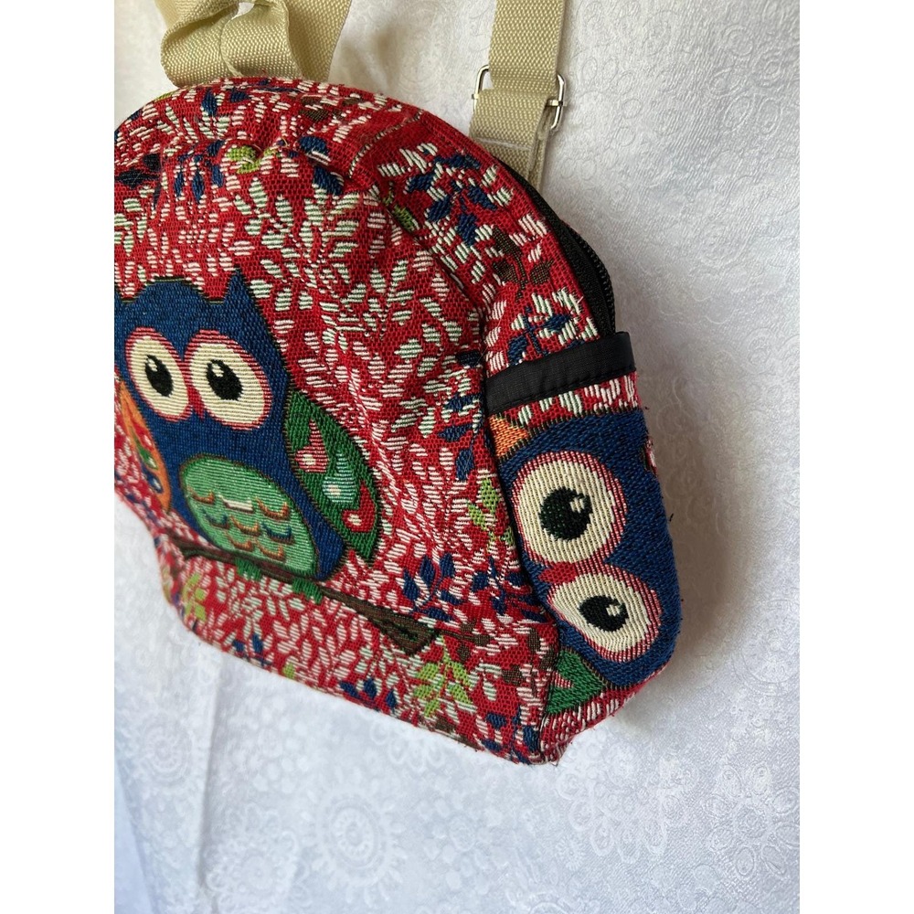 Vintage Whimsy Owl Tapestry Mini Backpack Red Floral Boho Woven Small Rucksack - Picture 8 of 13